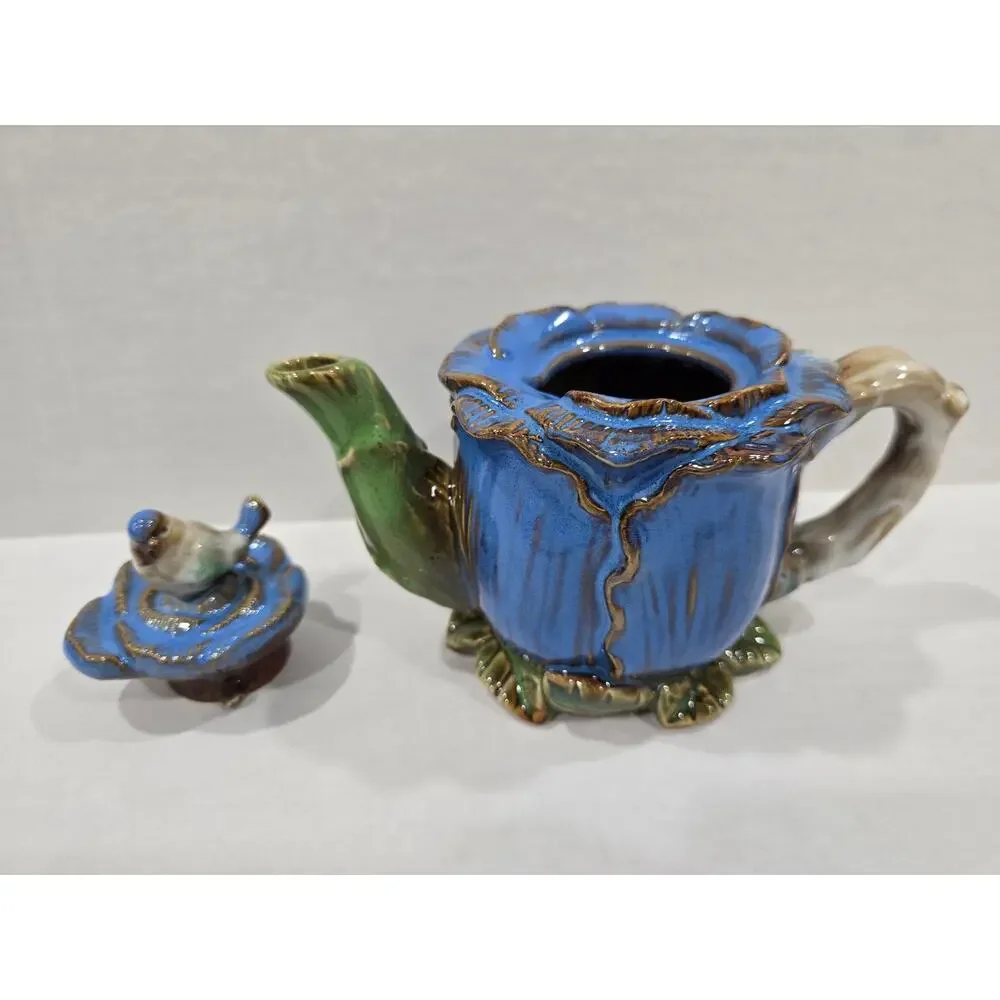 Majolica Style Cabbage Rose Bluebird Finial Ceramic Teapot Floral Decor